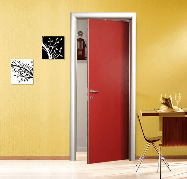 pivot door in laminate with rounded aluminum frame